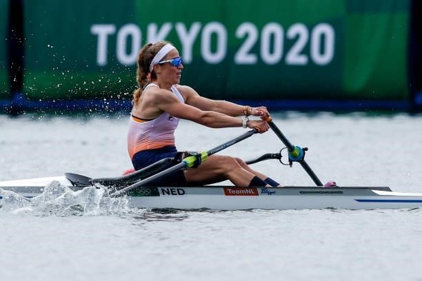 Sophie Souwer of the Netherlands competing on Women's Single Sculls Final B during the Tokyo 2020 Olympic Games at the Sea Forest Waterway on July...