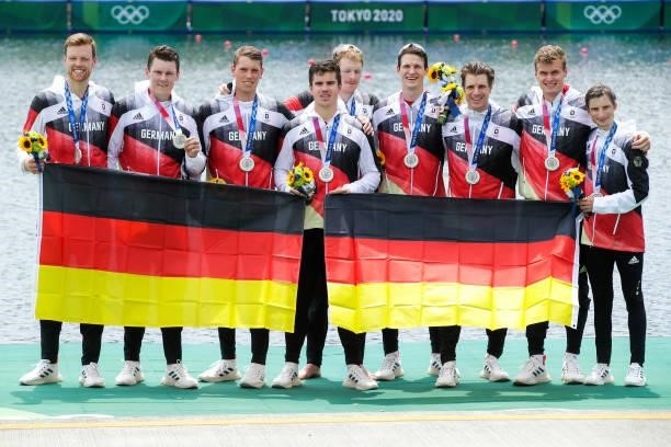 Mens 8 rower Johannes Weissenfeld of Germany, mens 8 rower Laurits Follert of Germany, mens 8 rower Olaf Roggensack of Germany, mens 8 rower Torben...