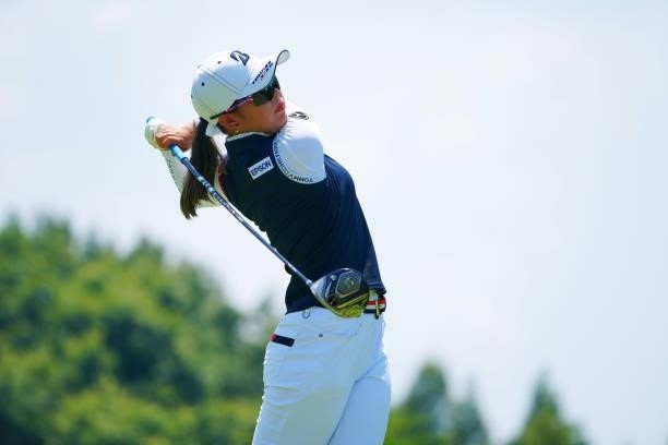 Yuri Yoshida of Japan hits her tee shot on the 4th hole during the second round of Rakuten Super Ladies at Tokyu Grand Oak Golf Club on July 30, 2021...