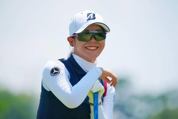 Yuri Yoshida of Japan smiles on the 4th tee during the second round of Rakuten Super Ladies at Tokyu Grand Oak Golf Club on July 30, 2021 in Kato,...