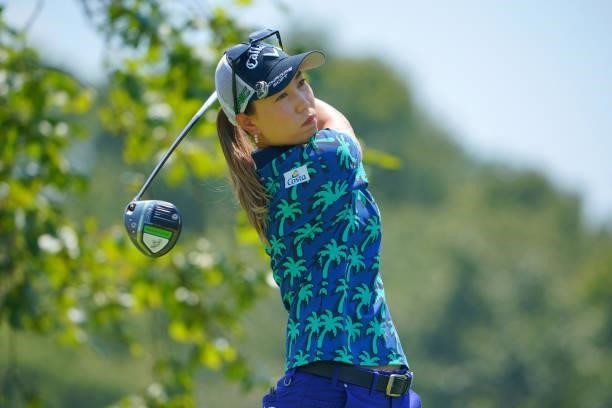 Momoko Ueda of Japan hits her tee shot on the 4th hole during the second round of Rakuten Super Ladies at Tokyu Grand Oak Golf Club on July 30, 2021...