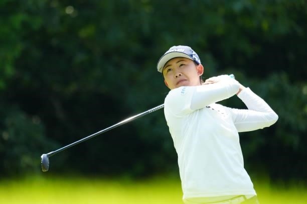 Yoko Maeda of Japan hits her tee shot on the 17th hole during the second round of Rakuten Super Ladies at Tokyu Grand Oak Golf Club on July 30, 2021...