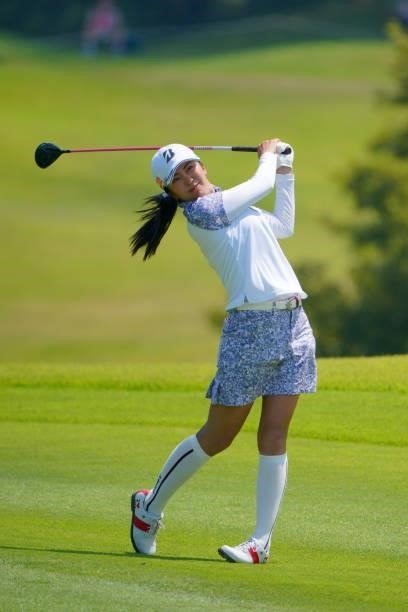 Kotone Hori of Japan hits her second shot on the 4th hole during the second round of Rakuten Super Ladies at Tokyu Grand Oak Golf Club on July 30,...