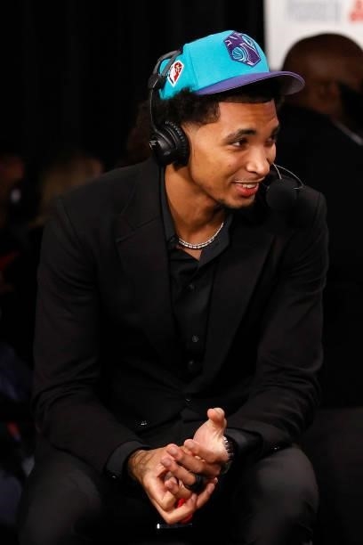 James Bouknight is interviewed after being drafted by the Charlotte Hornets during the 2021 NBA Draft at the Barclays Center on July 29, 2021 in New...