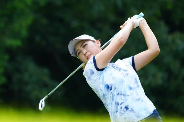 Miyu Shinkai of Japan hits her tee shot on the 17th hole during the second round of Rakuten Super Ladies at Tokyu Grand Oak Golf Club on July 30,...