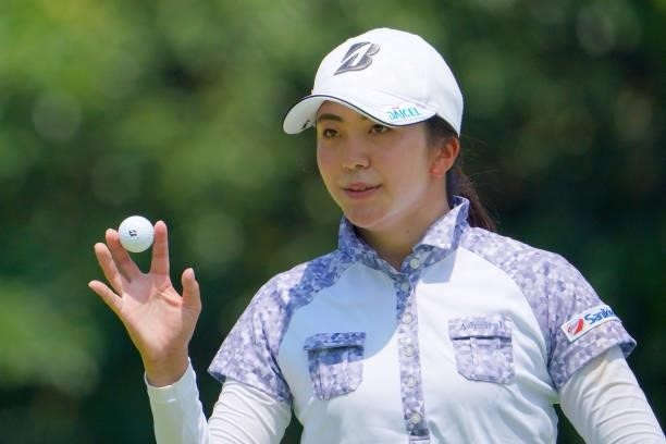 Kotone Hori of Japan celebrates the birdie on the 4th green during the second round of Rakuten Super Ladies at Tokyu Grand Oak Golf Club on July 30,...