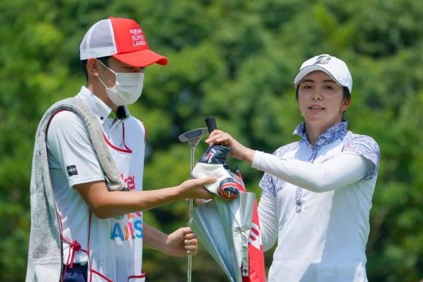 Kotone Hori of Japan reacts after the birdie during the second round of Rakuten Super Ladies at Tokyu Grand Oak Golf Club on July 30, 2021 in Kato,...