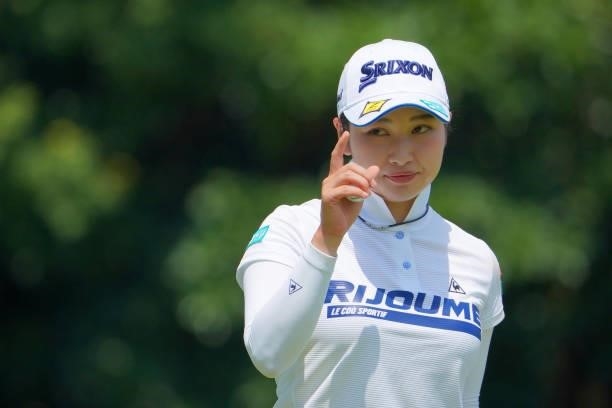 Sakura Koiwai of Japan acknowledges fans after the birdie on the 4th green during the second round of Rakuten Super Ladies at Tokyu Grand Oak Golf...