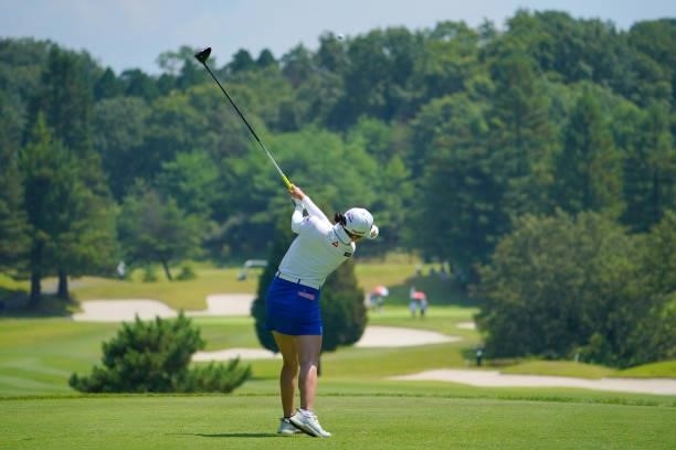 Sakura Koiwai of Japan hits her tee shot on the 5th hole during the second round of Rakuten Super Ladies at Tokyu Grand Oak Golf Club on July 30,...
