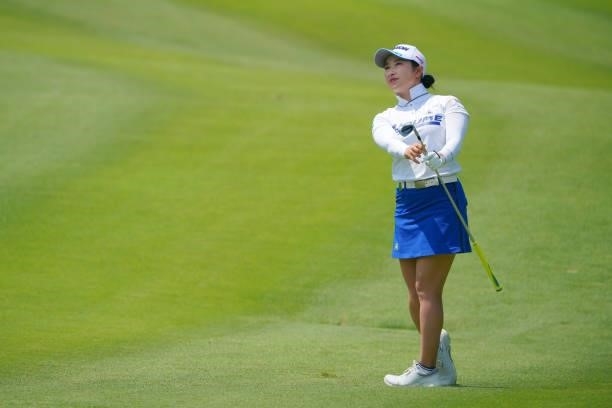 Sakura Koiwai of Japan hits her second shot on the 5th hole during the second round of Rakuten Super Ladies at Tokyu Grand Oak Golf Club on July 30,...