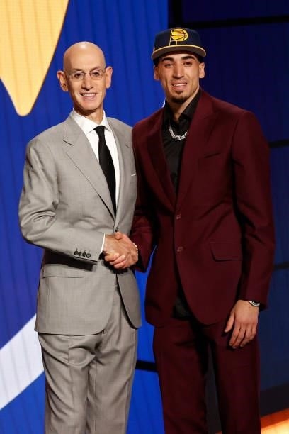Commissioner Adam Silver and Chris Duarte pose for photos after Duarte was drafted by the Indiana Pacers during the 2021 NBA Draft at the Barclays...