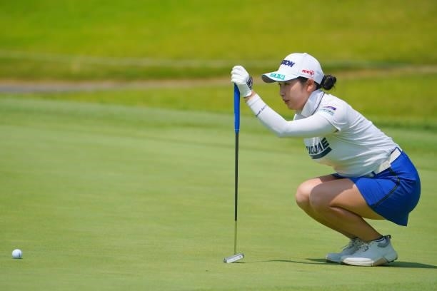 Sakura Koiwai of Japan lines up a putt on the 5th green during the second round of Rakuten Super Ladies at Tokyu Grand Oak Golf Club on July 30, 2021...