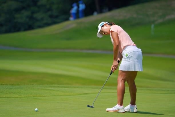 Hinako Shibuno of Japan attempts a putt on the 5th green during the second round of Rakuten Super Ladies at Tokyu Grand Oak Golf Club on July 30,...
