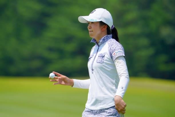 Kotone Hori of Japan acknowledges fans on the 5th green during the second round of Rakuten Super Ladies at Tokyu Grand Oak Golf Club on July 30, 2021...