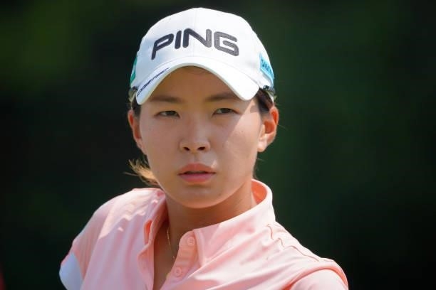 Hinako Shibuno of Japan is seen on the 6th tee during the second round of Rakuten Super Ladies at Tokyu Grand Oak Golf Club on July 30, 2021 in Kato,...