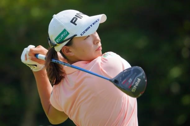 Hinako Shibuno of Japan hits her tee shot on the 6th hole during the second round of Rakuten Super Ladies at Tokyu Grand Oak Golf Club on July 30,...