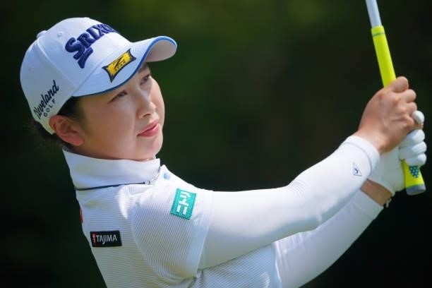 Sakura Koiwai of Japan hits her tee shot on the 6th hole during the second round of Rakuten Super Ladies at Tokyu Grand Oak Golf Club on July 30,...