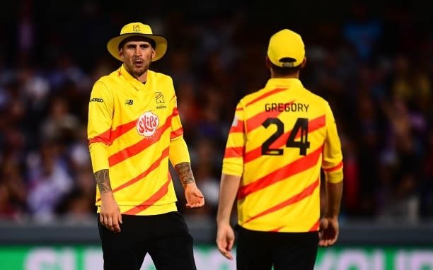 Alex Hales of Trent Rockets Men looks on during The Hundred match between London Spirit Men and Trent Rockets Men at Lord's Cricket Ground on July...
