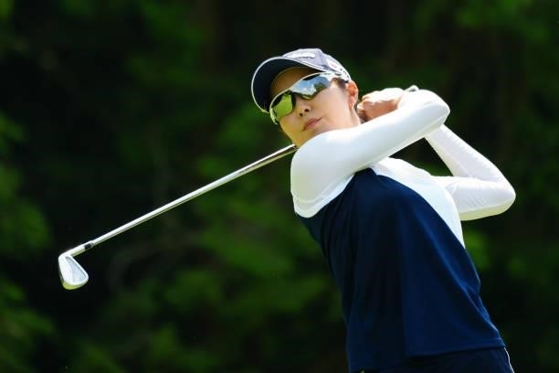 Ayaka Matsumori of Japan hits her tee shot on the 17th hole during the second round of Rakuten Super Ladies at Tokyu Grand Oak Golf Club on July 30,...