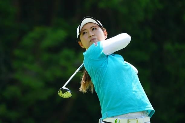 Hikari Kawamitsu of Japan hits her tee shot on the 17th hole during the second round of Rakuten Super Ladies at Tokyu Grand Oak Golf Club on July 30,...