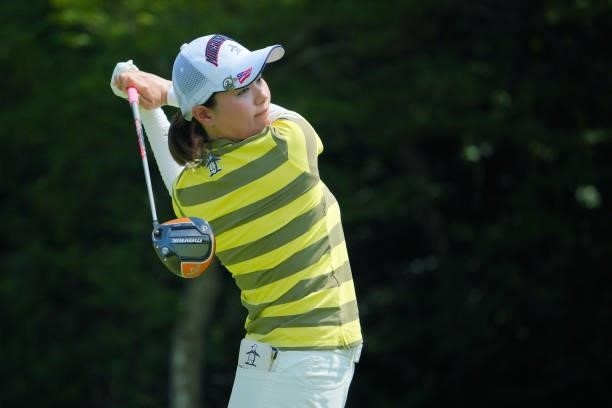 Hina Arakaki of Japan hits her tee shot on the 16th hole during the second round of Rakuten Super Ladies at Tokyu Grand Oak Golf Club on July 30,...