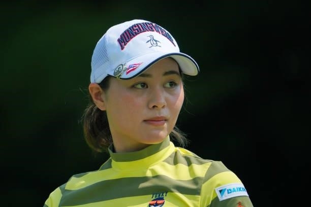 Hina Arakaki of Japan reacts after her tee shot on the 6th hole during the second round of Rakuten Super Ladies at Tokyu Grand Oak Golf Club on July...