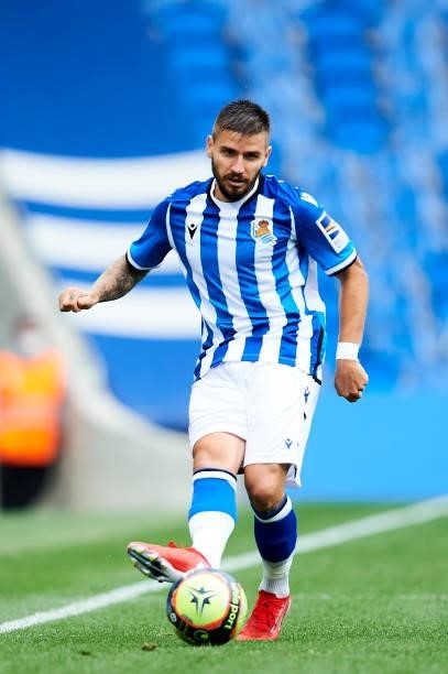Cristian Portugues of Real Sociedad in action during the Friendly Match between Real Sociedad and As Monaco at Reale Arena on July 28, 2021 in San...