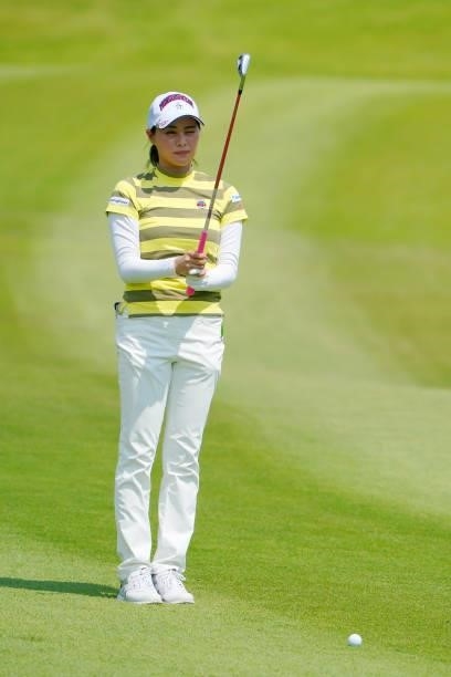 Hina Arakaki of Japan is seen before her second shot on the 6th hole during the second round of Rakuten Super Ladies at Tokyu Grand Oak Golf Club on...