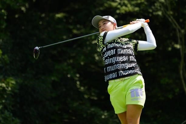Rieru Shibusawa of Japan hits her tee shot on the 18th hole during the second round of Rakuten Super Ladies at Tokyu Grand Oak Golf Club on July 30,...