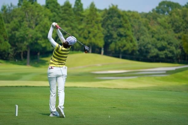 Hina Arakaki of Japan hits her tee shot on the 7th hole during the second round of Rakuten Super Ladies at Tokyu Grand Oak Golf Club on July 30, 2021...