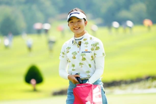 Momoko Kishibe of Japan smiles after the birdie on the 18th green during the second round of Rakuten Super Ladies at Tokyu Grand Oak Golf Club on...