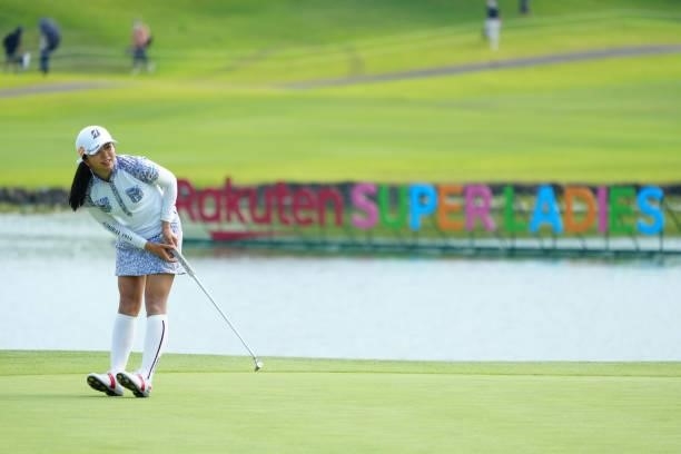 Kotone Hori of Japan reacts after a putt on the 9th green during the second round of Rakuten Super Ladies at Tokyu Grand Oak Golf Club on July 30,...