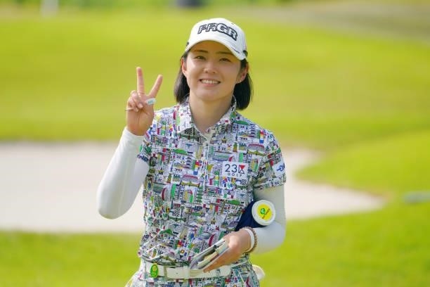 Rie Tsuji of Japan fist poses after the birdie on the 7th green during the second round of Rakuten Super Ladies at Tokyu Grand Oak Golf Club on July...