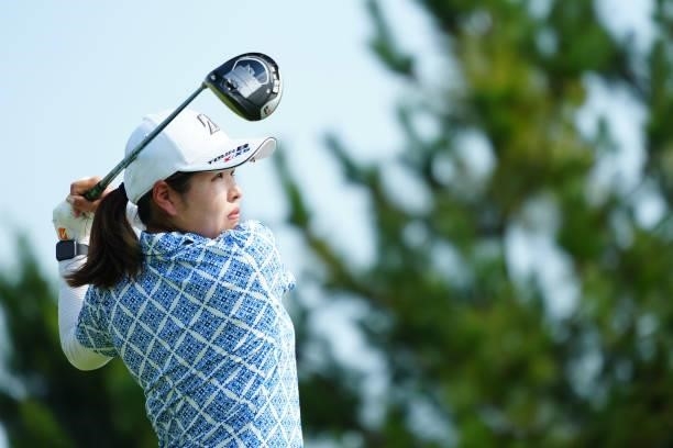 Yu Tajima of Japan hits her tee shot on the 1st hole during the second round of Rakuten Super Ladies at Tokyu Grand Oak Golf Club on July 30, 2021 in...