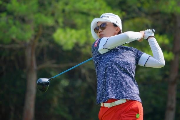 Teresa Lu of Chinese Taipei hits her tee shot on the 9th hole during the second round of Rakuten Super Ladies at Tokyu Grand Oak Golf Club on July...