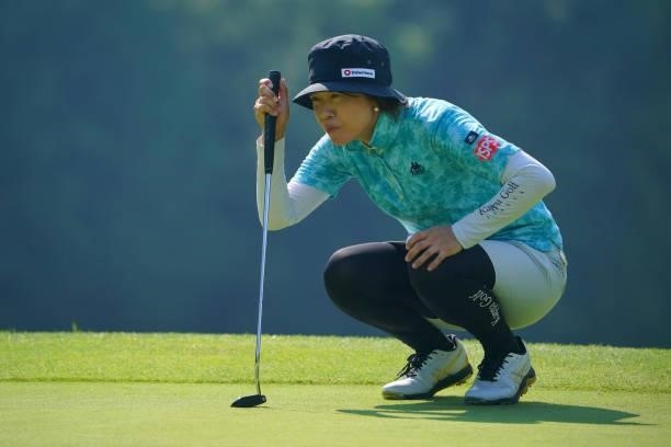 Shiho Oyama of Japan lines up a putt on the 16th green during the second round of Rakuten Super Ladies at Tokyu Grand Oak Golf Club on July 30, 2021...