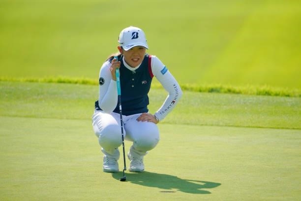 Yuri Yoshida of Japan lines up a putt on the 16th green during the second round of Rakuten Super Ladies at Tokyu Grand Oak Golf Club on July 30, 2021...