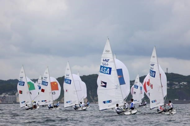 Men's 470 class race gets underway on day seven of the Tokyo 2020 Olympic Games at Enoshima Yacht Harbour on July 30, 2021 in Fujisawa, Kanagawa,...