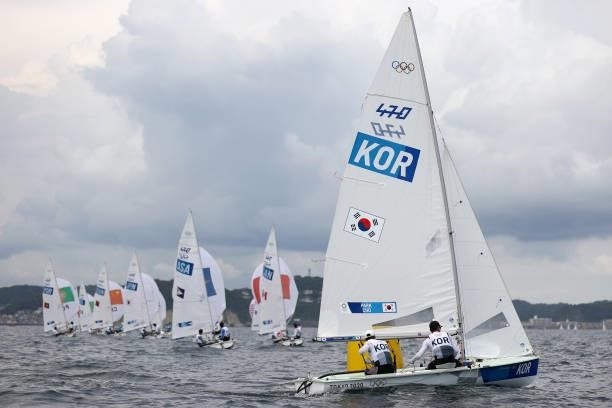 Gunwoo Park and Sungmin Cho of Team South Korea round a mark during the Men's 470 class race on day seven of the Tokyo 2020 Olympic Games at Enoshima...