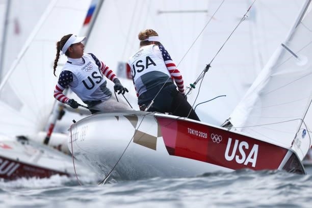 Nikole Barnes and Lara Dallman-Weiss of Team United States compete in the Women's 470 class on day seven of the Tokyo 2020 Olympic Games at Enoshima...