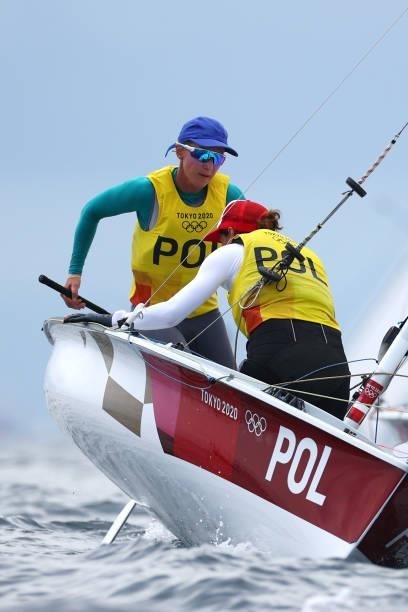 Agnieszka Skrzypulec and Jolanta Ogar of Team Poland compete in the Women's 470 class on day seven of the Tokyo 2020 Olympic Games at Enoshima Yacht...