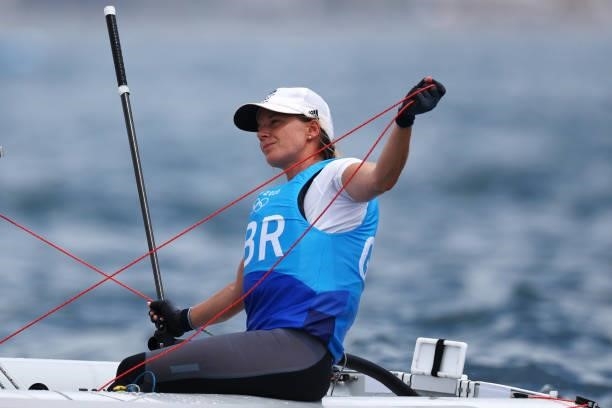 Hannah Mills of Team Great Britain competes in the Women's 470 class on day seven of the Tokyo 2020 Olympic Games at Enoshima Yacht Harbour on July...