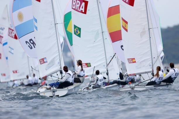Women's 470 class gets underway on day seven of the Tokyo 2020 Olympic Games at Enoshima Yacht Harbour on July 30, 2021 in Fujisawa, Kanagawa, Japan.