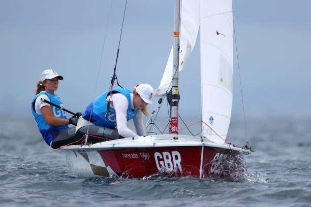 Hannah Mills and Eilidh McIntyre of Team Great Britain compete in the Women's 470 class on day seven of the Tokyo 2020 Olympic Games at Enoshima...