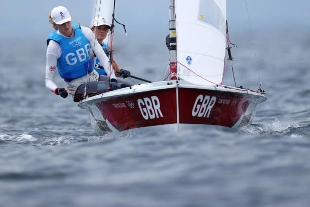 Hannah Mills and Eilidh McIntyre of Team Great Britain compete in the Women's 470 class on day seven of the Tokyo 2020 Olympic Games at Enoshima...