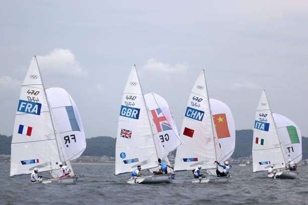 Men's 470 class gets underway on day seven of the Tokyo 2020 Olympic Games at Enoshima Yacht Harbour on July 30, 2021 in Fujisawa, Kanagawa, Japan.