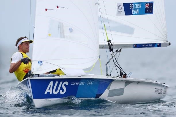 Mathew Belcher and Will Ryan of Team Australia compete in the Men's 470 class on day seven of the Tokyo 2020 Olympic Games at Enoshima Yacht Harbour...
