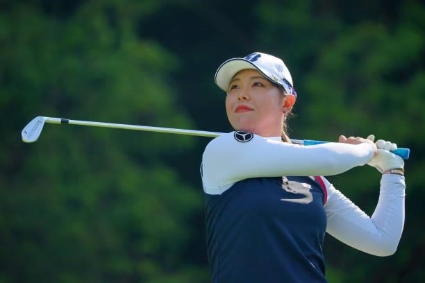 Yuri Yoshida of Japan hits her tee shot on the 17th hole during the second round of Rakuten Super Ladies at Tokyu Grand Oak Golf Club on July 30,...