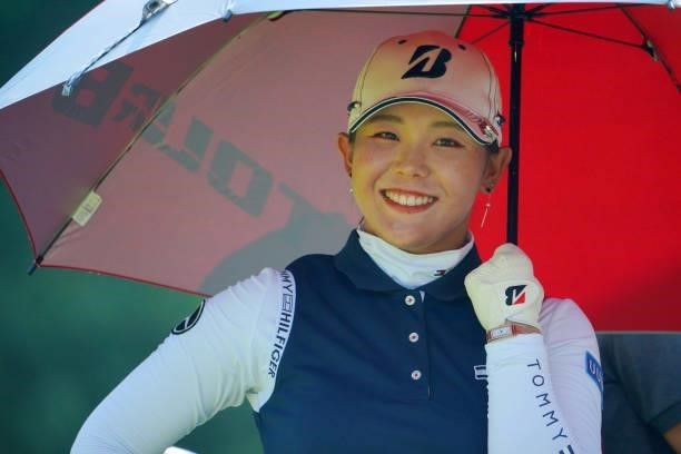 Yuri Yoshida of Japan smiles on the 17th hole during the second round of Rakuten Super Ladies at Tokyu Grand Oak Golf Club on July 30, 2021 in Kato,...
