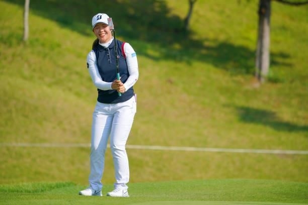 Yuri Yoshida of Japan reacts after missing the birdie putt on the 17th green during the second round of Rakuten Super Ladies at Tokyu Grand Oak Golf...